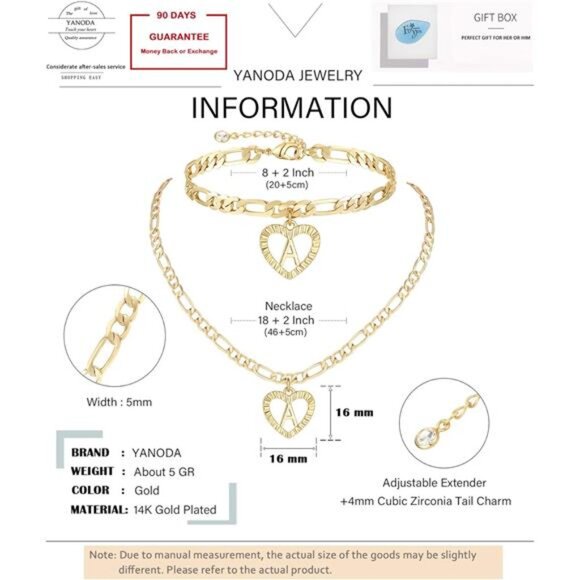 Gold Initial Pendant Necklace Anklet Bracelet for Women 14K Gold Plated Figaro - Picture 7 of 8